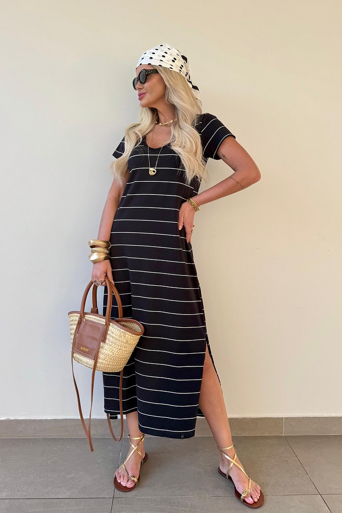 Vestido Midi V Listras Preto