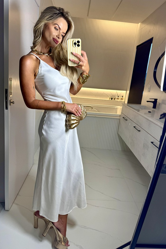 Vestido Midi Cetim Off White