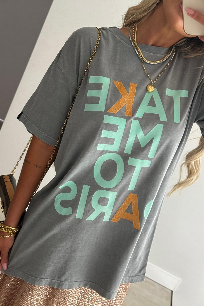 T-Shirt Alongada Take Me To Paris Cinza com estampa Verde Água