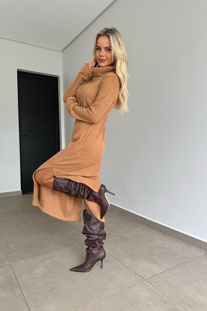 Vestido Midi Tricot Camel