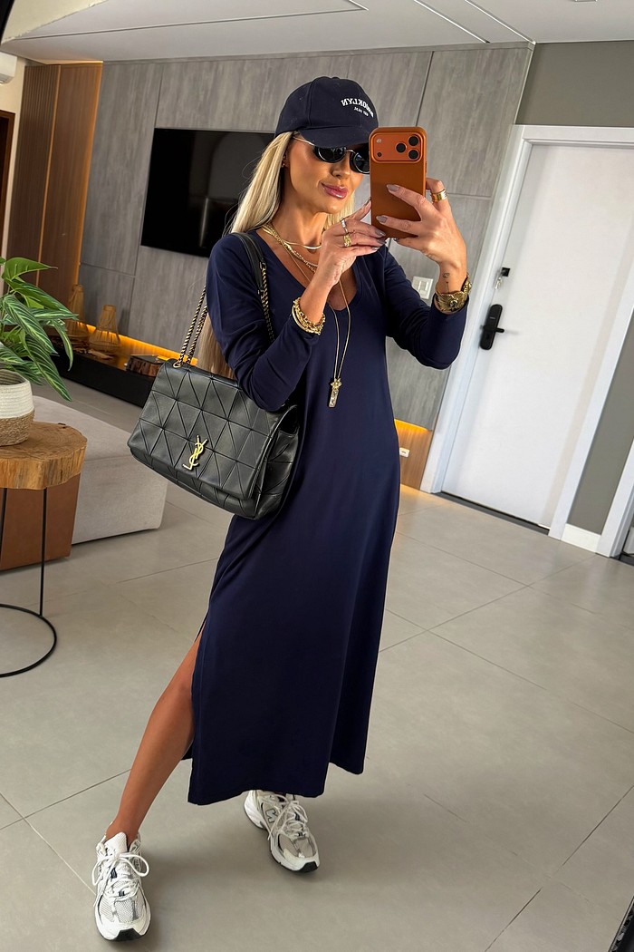 Vestido Midi V Manga Longa Azul Marinho