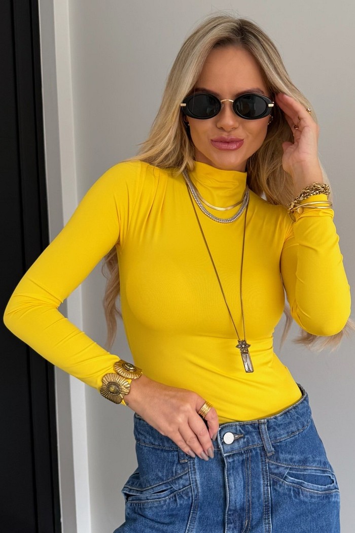 Blusa Manga Longa Drapeado No Ombro Amarelo
