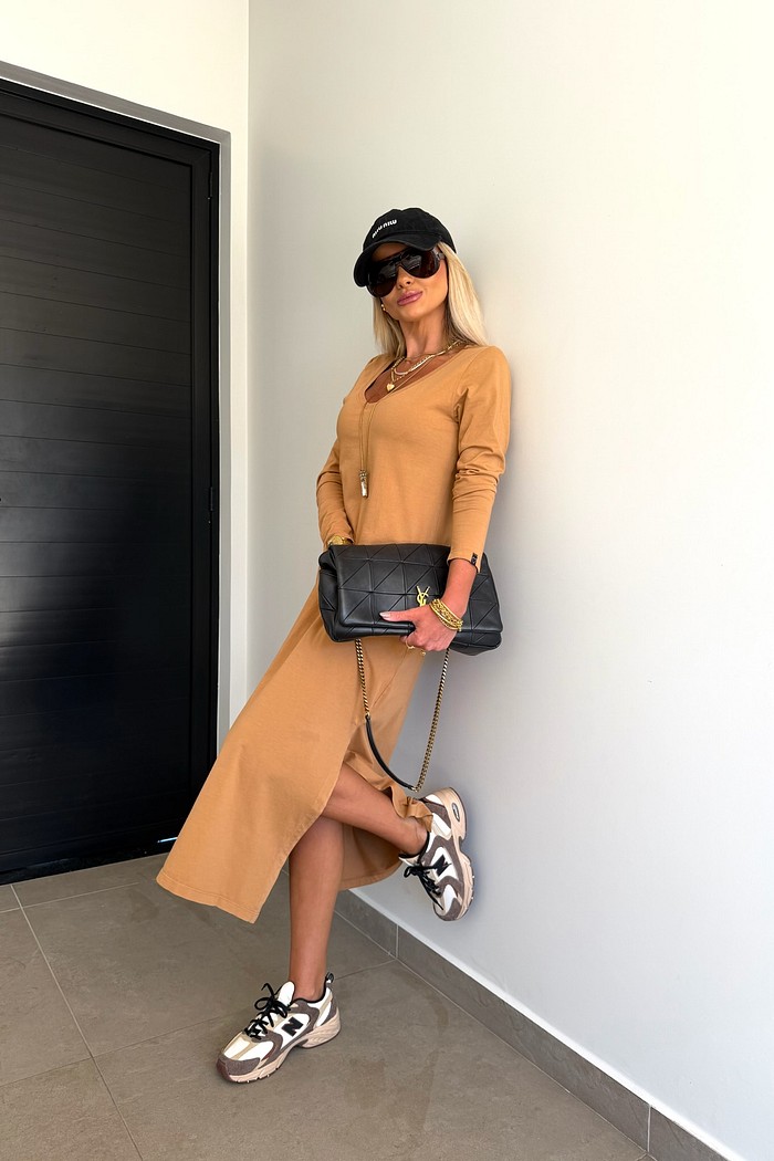 Vestido Midi V Manga Longa Camel
