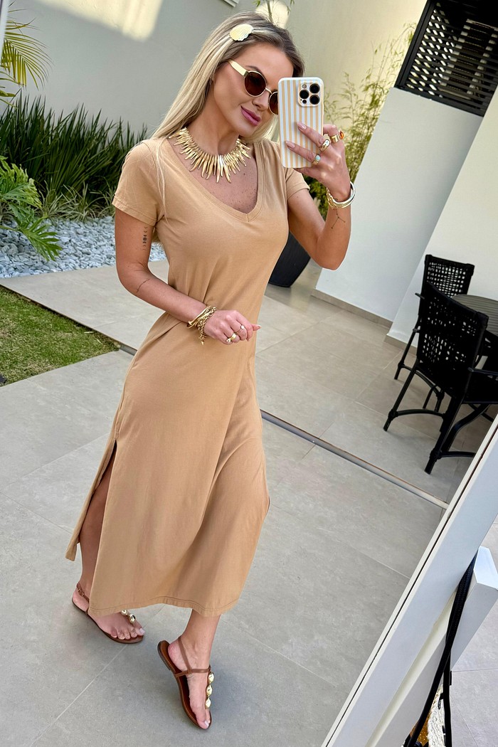 Vestido Midi V Camel