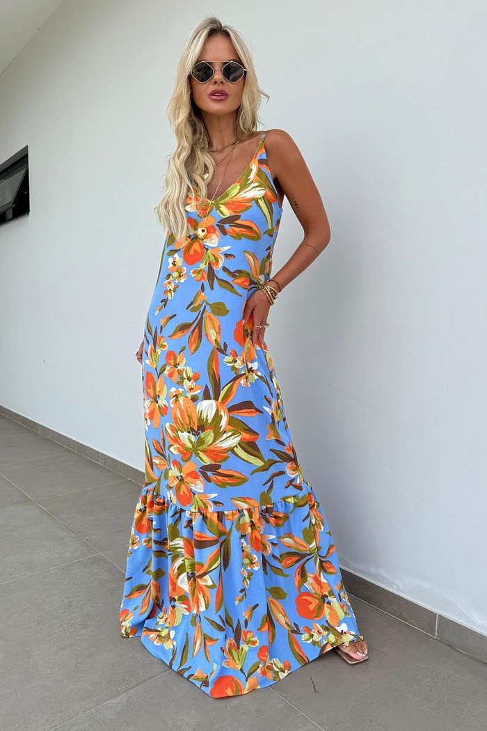 Vestido Longo Azul com estampa Floral Laranja