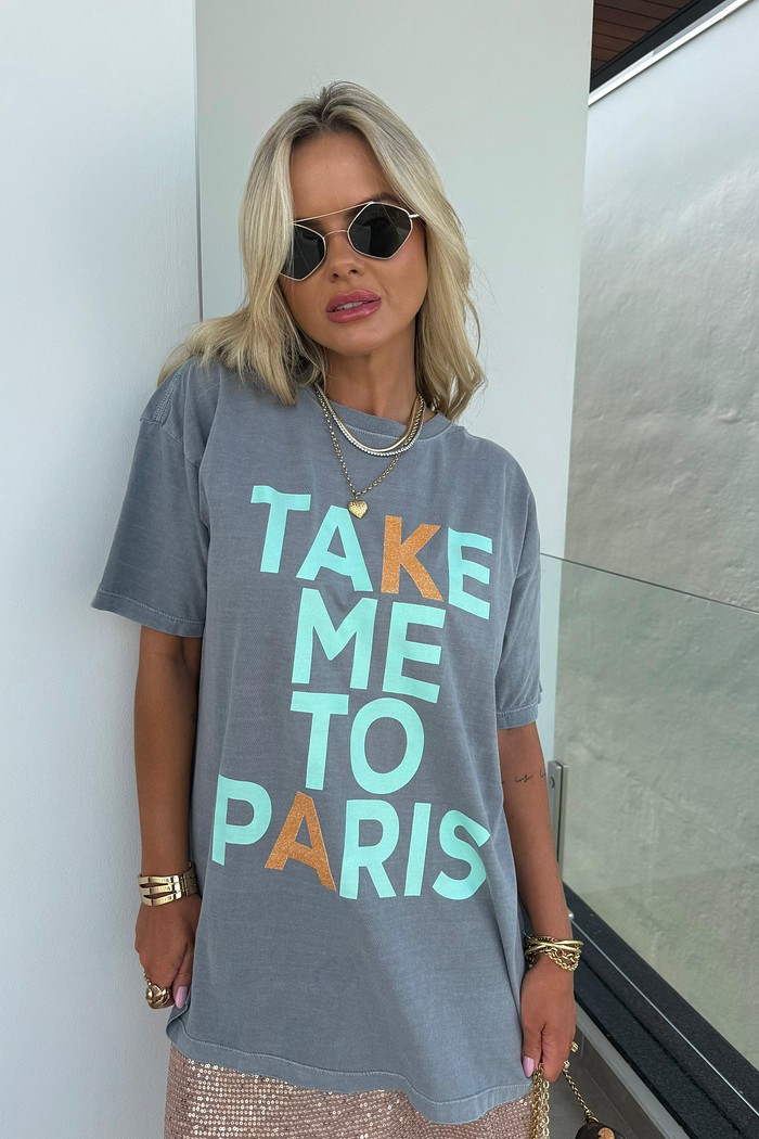 T-Shirt Alongada Take Me To Paris Cinza com estampa Verde Água