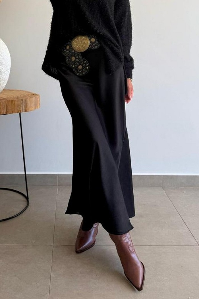 Saia Midi Cetim Cloe Preto