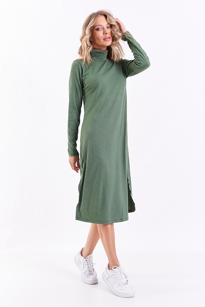 Vestido Canelado Midi Manga Longa Verde Militar