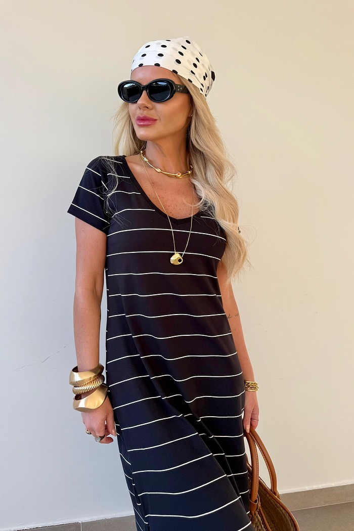 Vestido Midi V Listras Preto