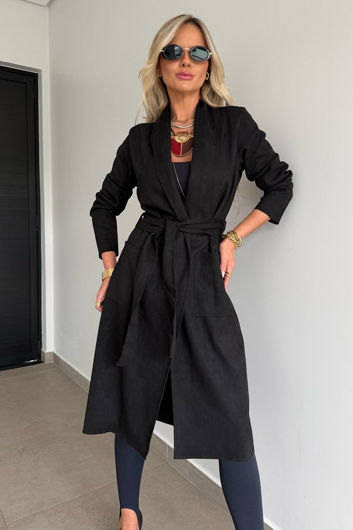Casaco Longo Suede Preto