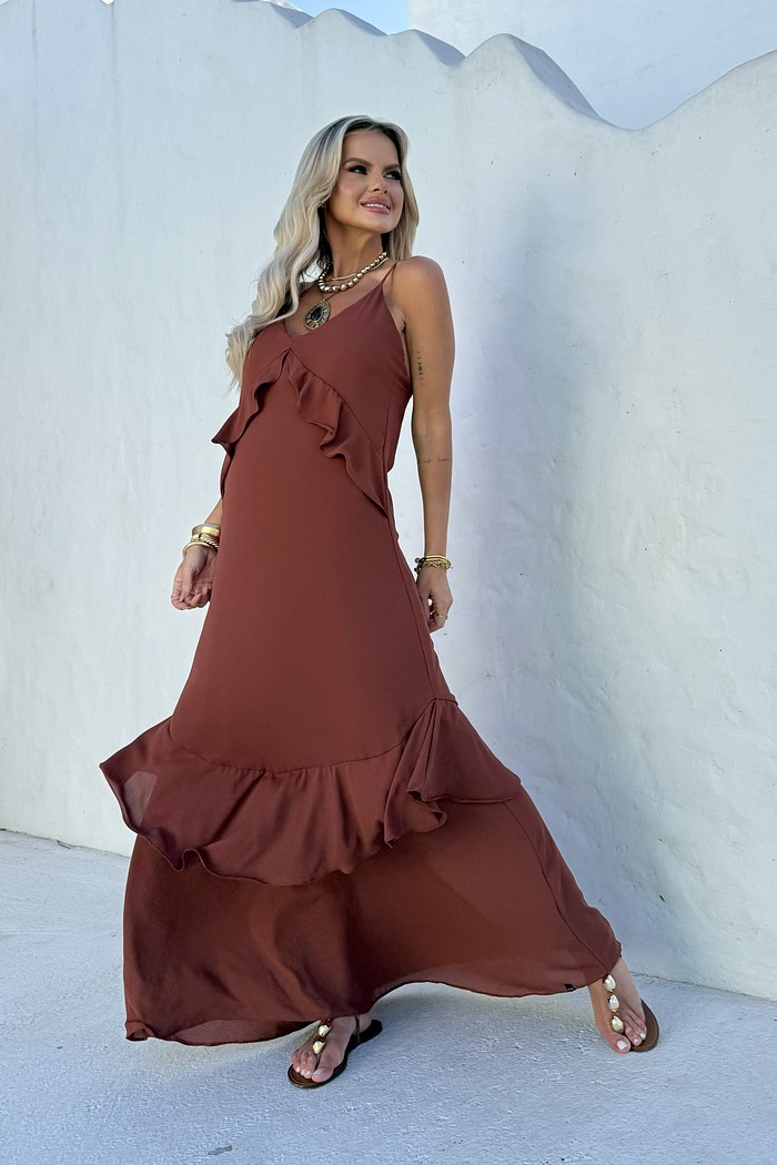 Vestido Longo Babados Mykonos Marrom