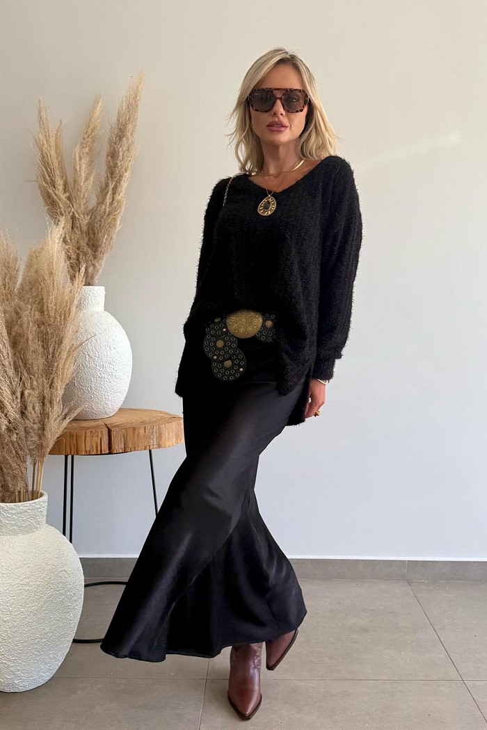 Saia Midi Cetim Cloe Preto