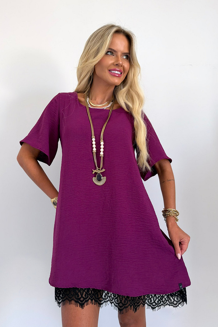 Vestido Curto Manga Curta Com Renda New Bordô