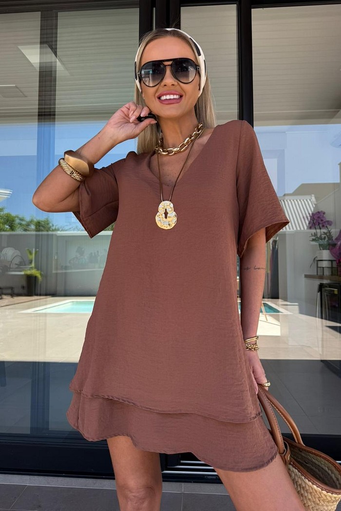 Vestido Maya Manga Curta Marrom