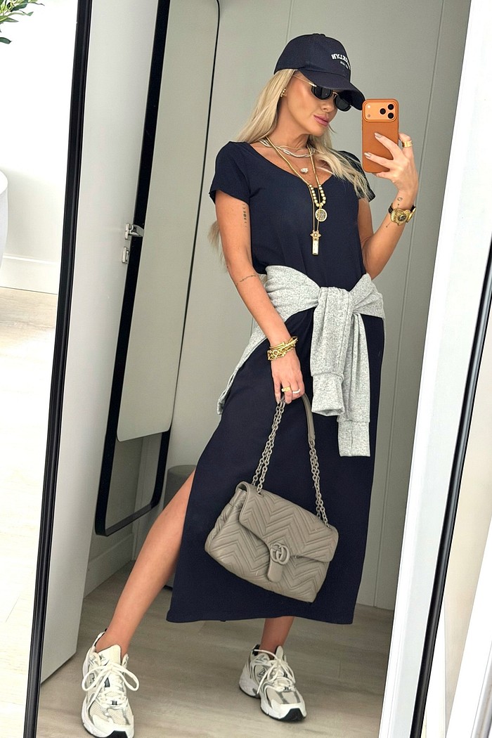 Vestido Midi V Azul Marinho