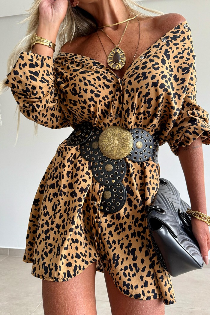 Vestido Animal Print Botões Cleo Caramelo