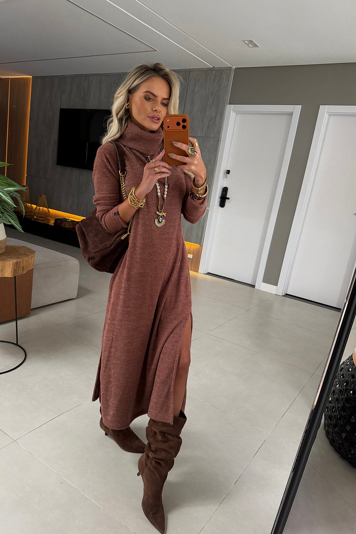 Vestido Midi Tricot Marrom