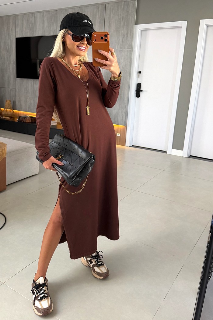 Vestido Midi V Manga Longa Marrom