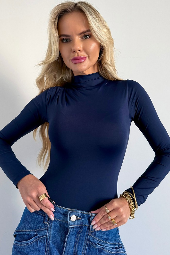 Blusa Manga Longa Drapeado No Ombro Azul Marinho