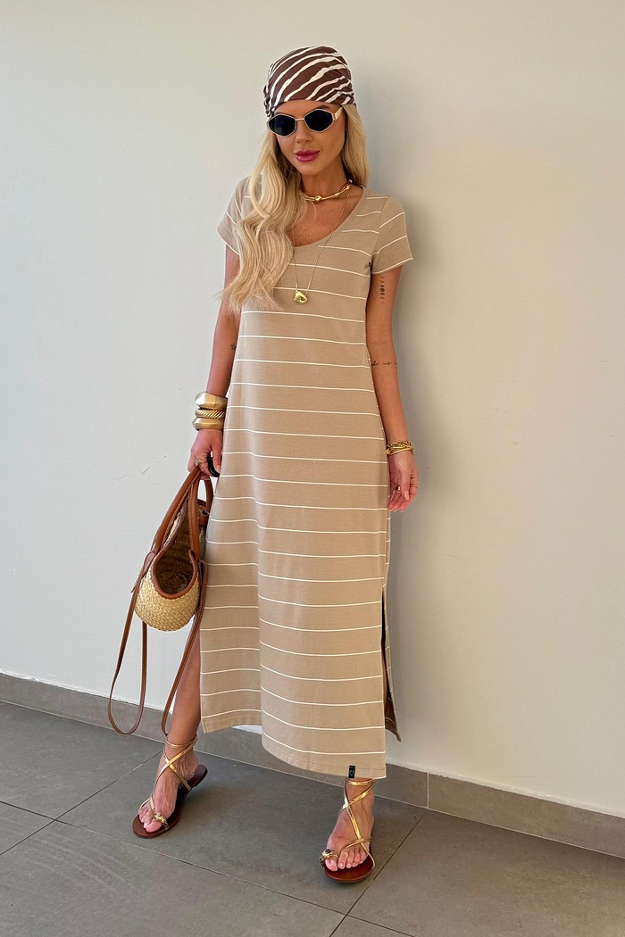Vestido Midi V Listras Nude