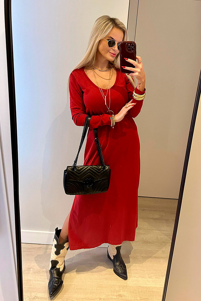 Vestido Midi V Manga Longa Cereja