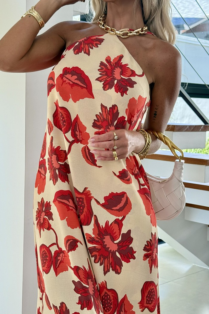 Vestido Longo Noronha Vermelho Floral Nude