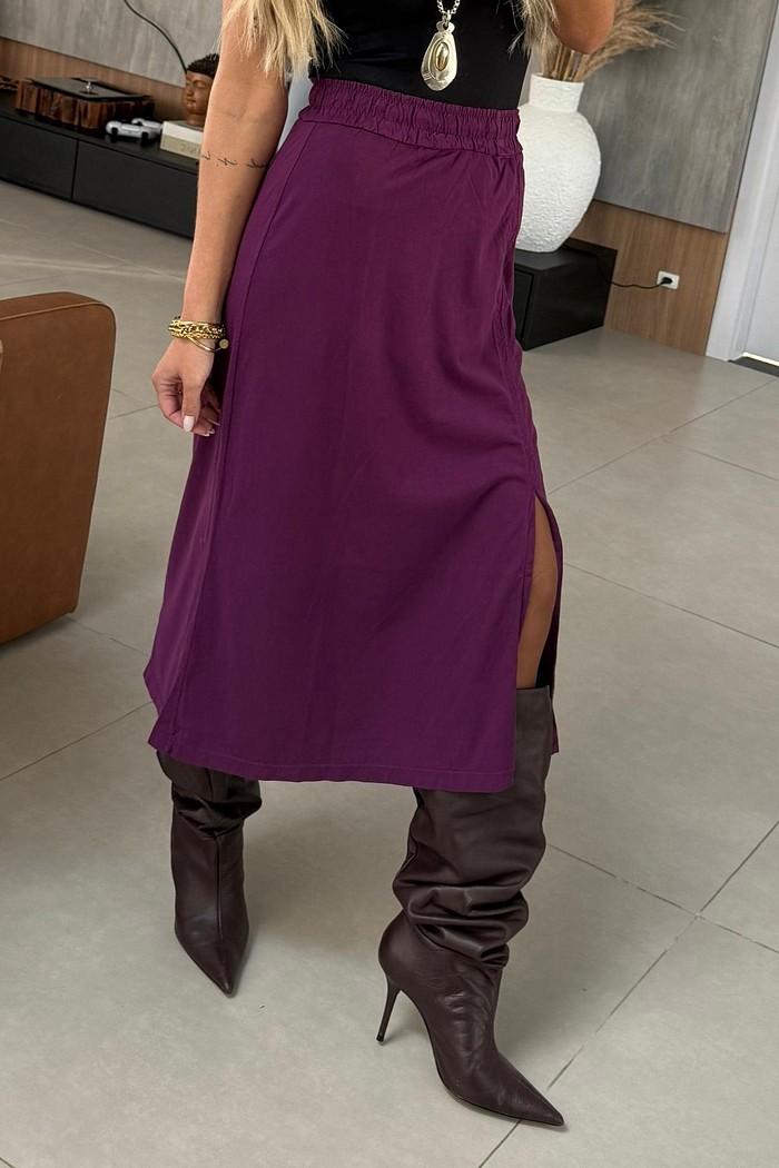 Saia Midi Fenda Roxo Escuro