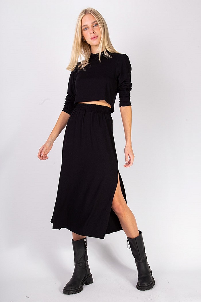 Conjunto Cropped e Saia de Viscolycra Preto