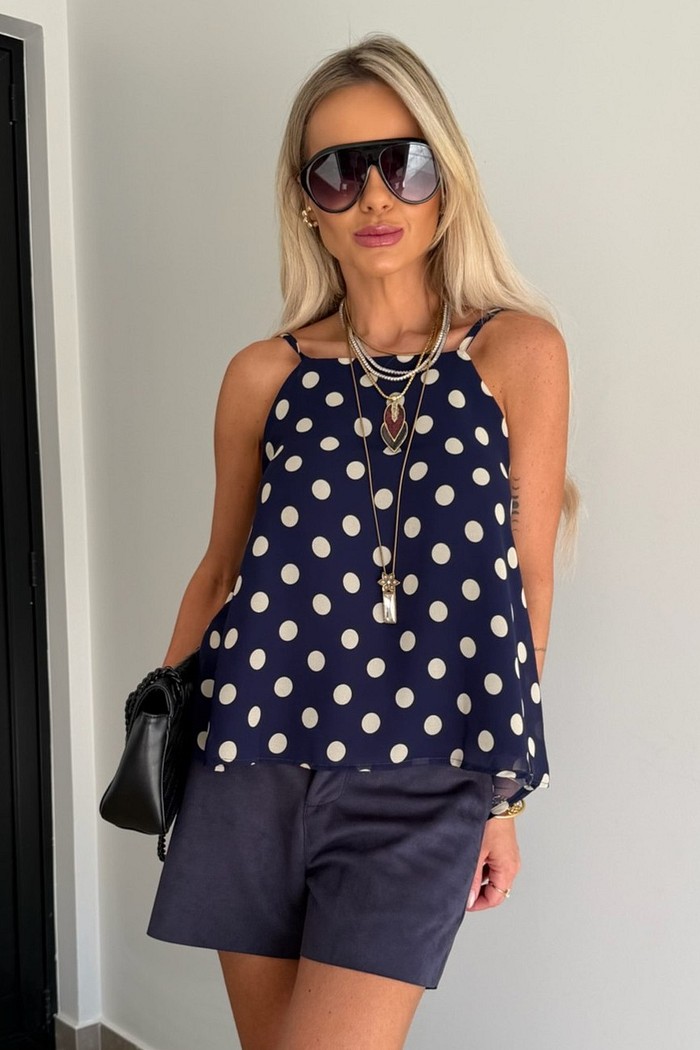 Blusa de Alças Chiffon Poá Azul Marinho