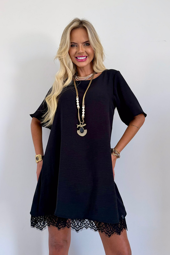 Vestido Curto Manga Curta Com Renda Preto