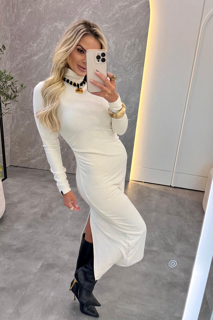 Vestido Midi Drapeado Aveludado Off White