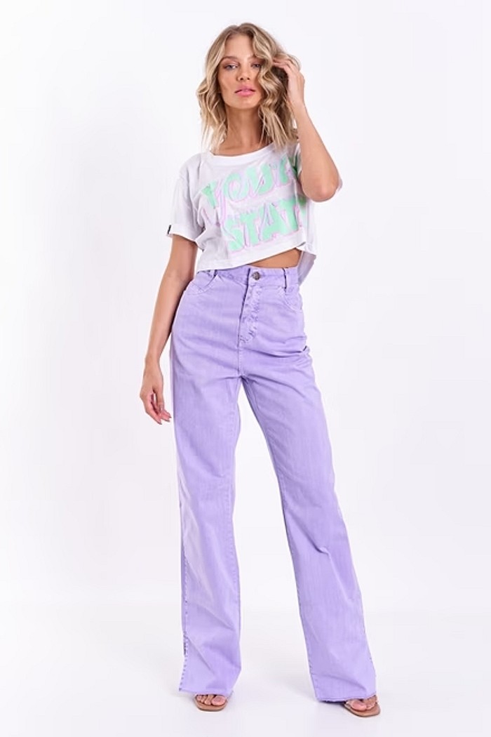 Calça Wide Leg com Abertura Lateral Lilás
