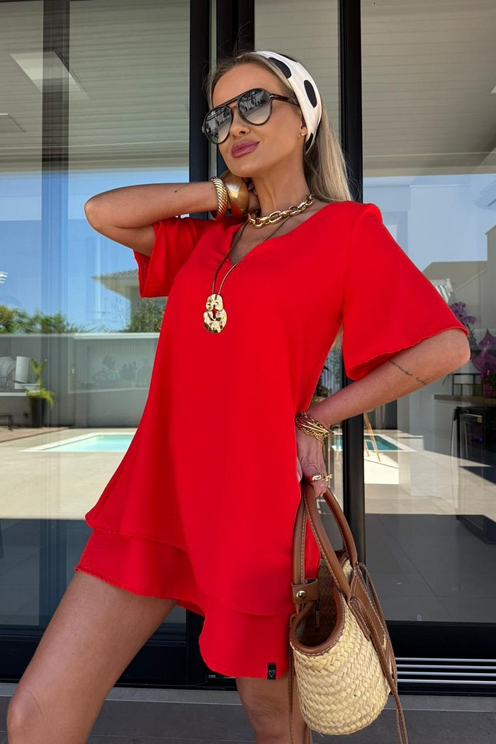 Vestido Maya Manga Curta Vermelho