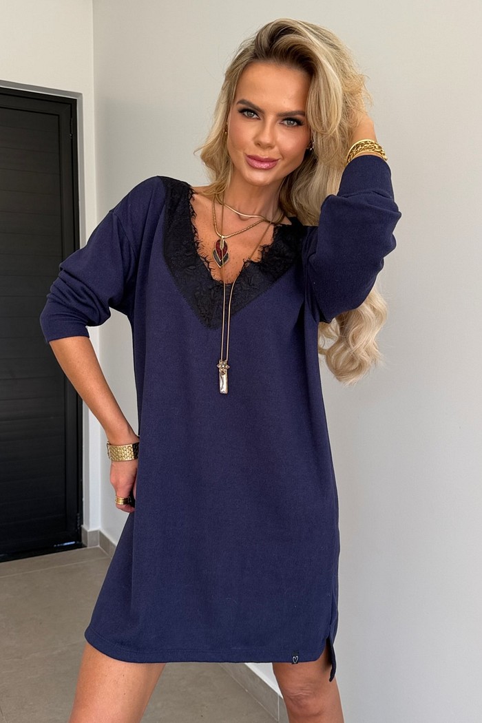 Vestido Lanzinha Com Renda Azul Marinho