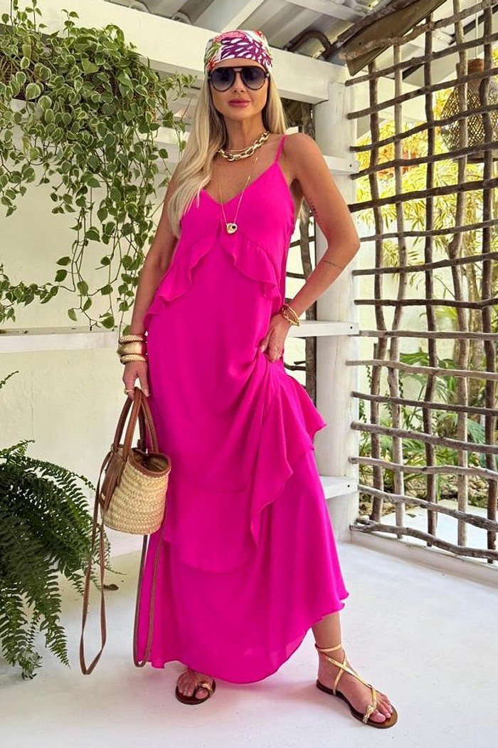 Vestido Longo Babados Mykonos Pink