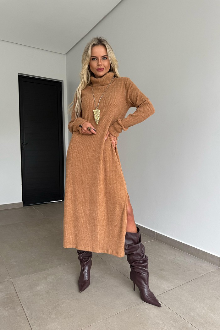 Vestido Midi Tricot Camel