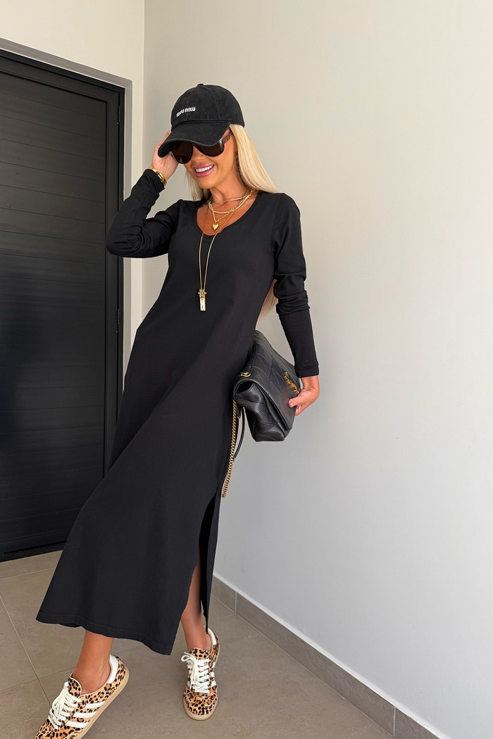 Vestido Midi V Manga Longa Preto