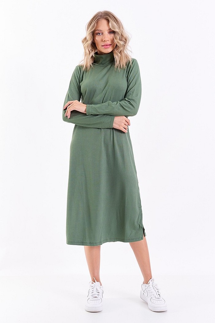 Vestido Canelado Midi Manga Longa Verde Militar