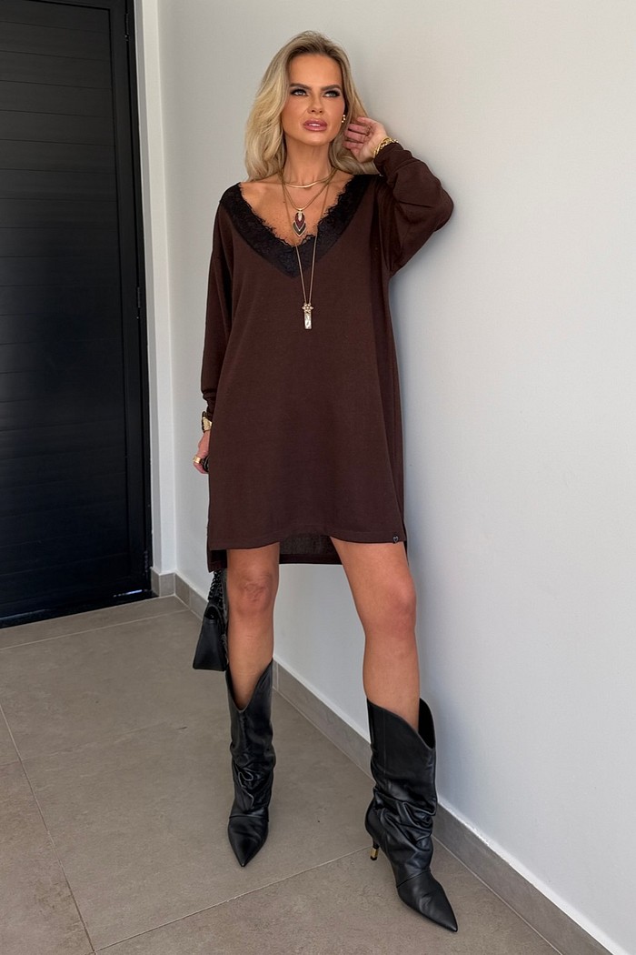 Vestido Lanzinha Com Renda Marrom Escuro