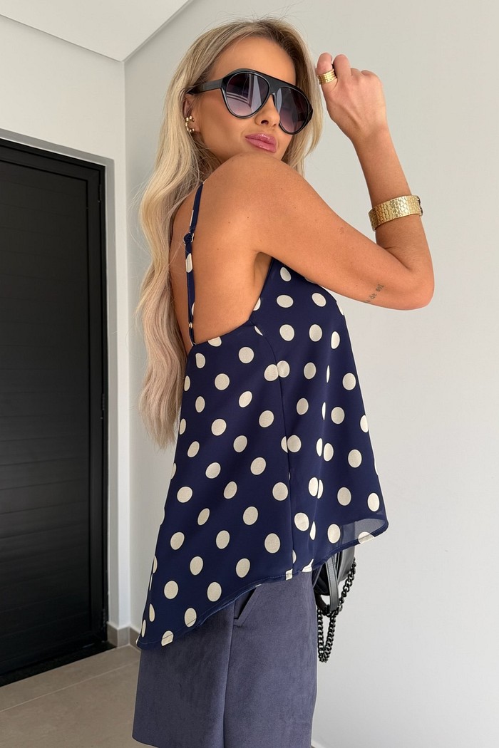 Blusa de Alças Chiffon Poá Azul Marinho