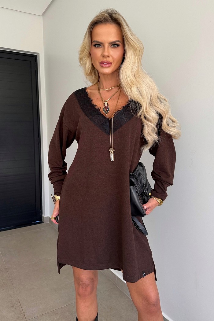 Vestido Lanzinha Com Renda Marrom Escuro