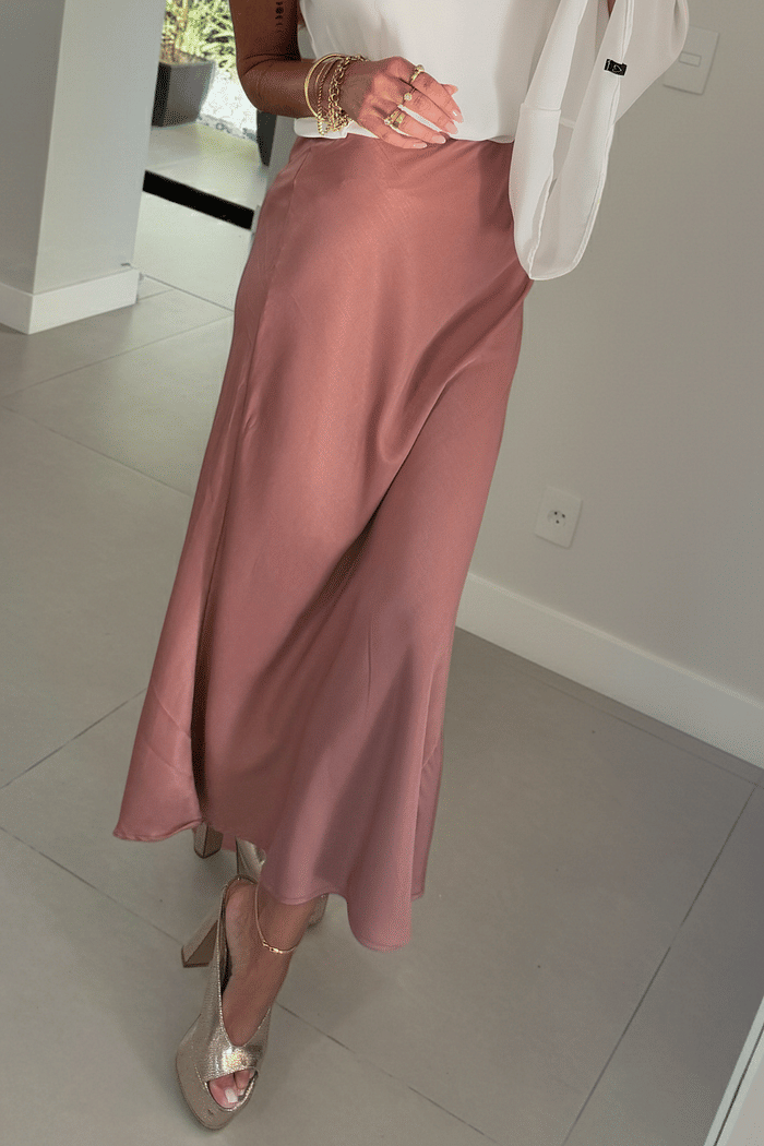 Saia Midi Cetim Cloe Amêndoa