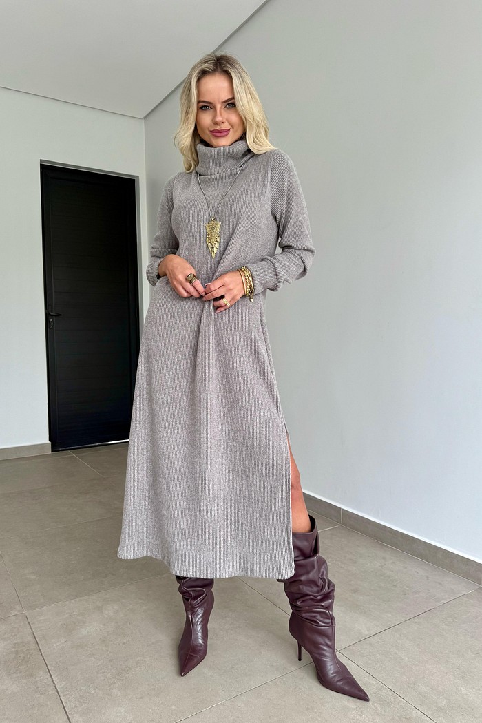Vestido Midi Tricot Cinza Mescla