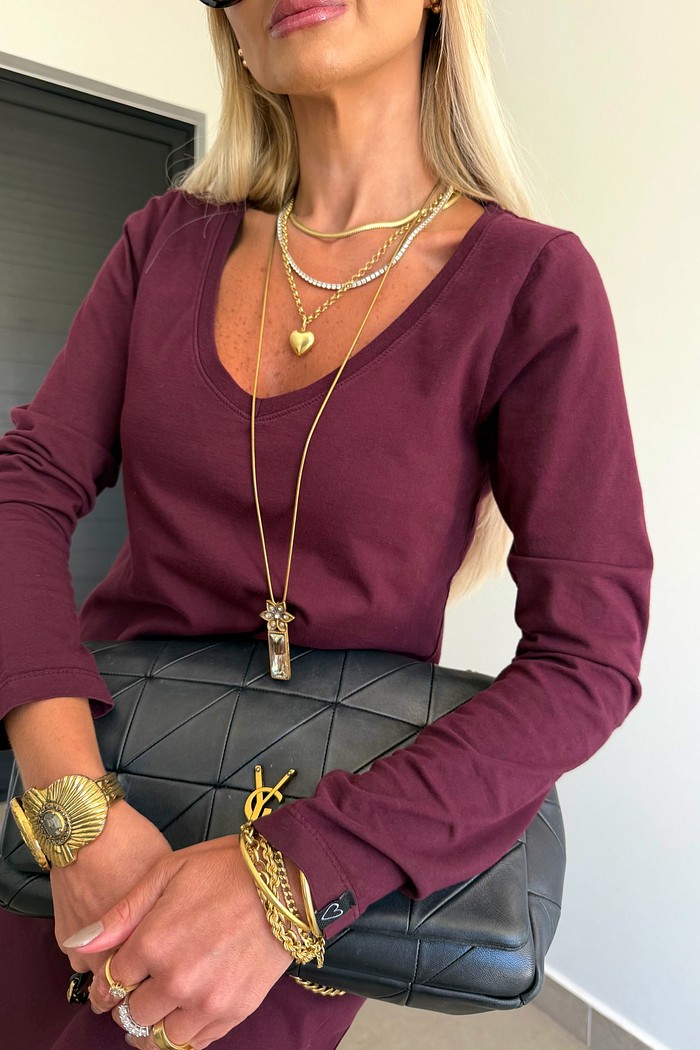 Vestido Midi V Manga Longa Bordô