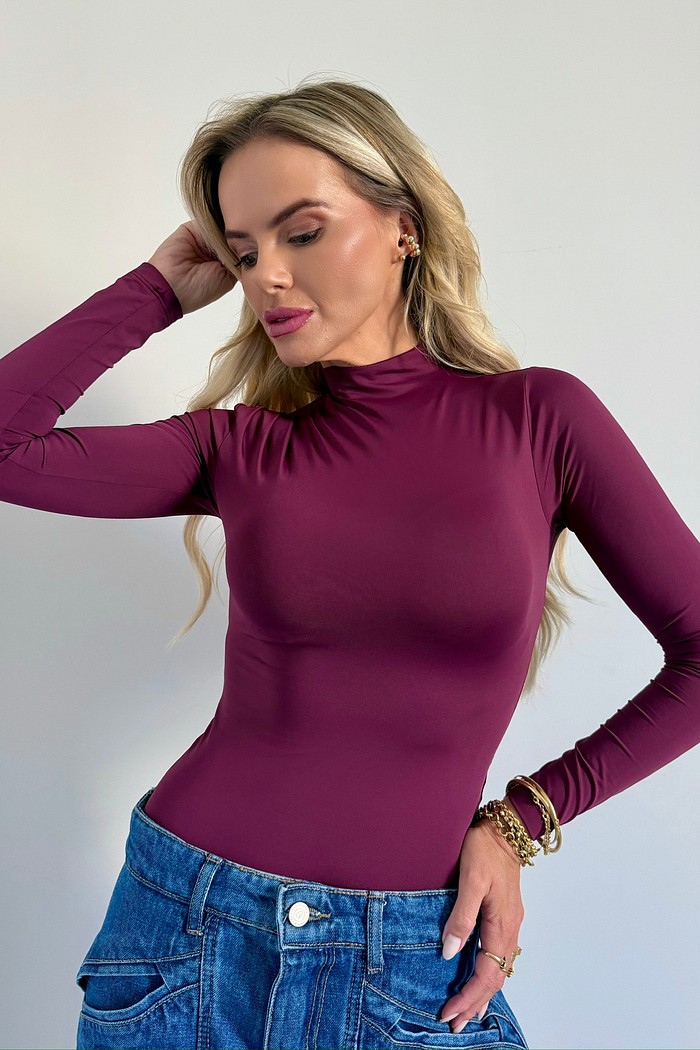 Blusa Manga Longa Drapeado No Ombro Bordô