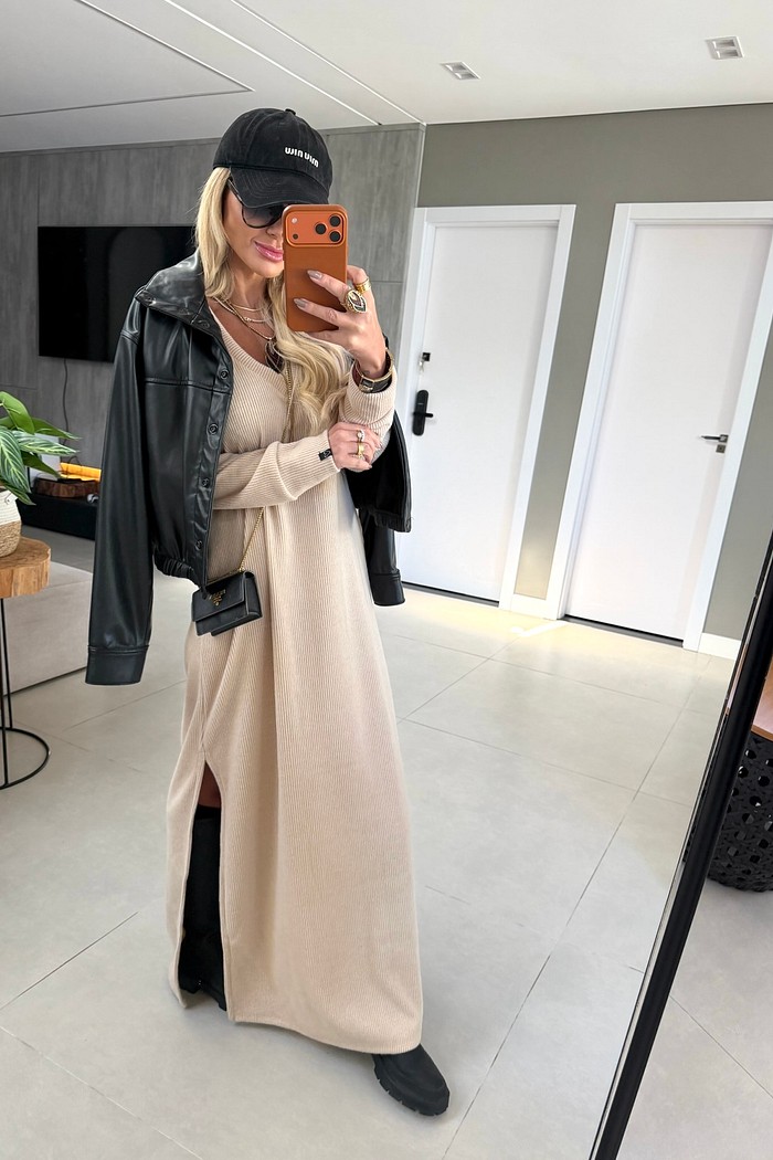 Vestido Gola V Longo Tricot Aveia