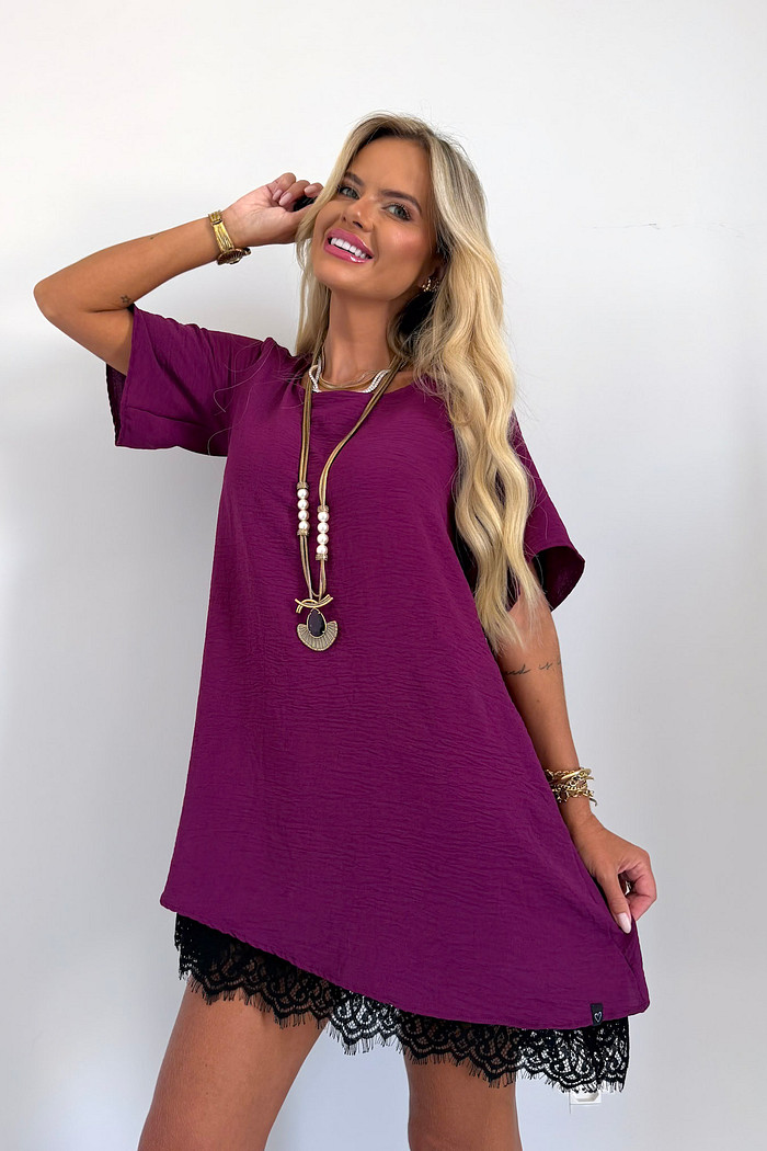 Vestido Curto Manga Curta Com Renda New Bordô