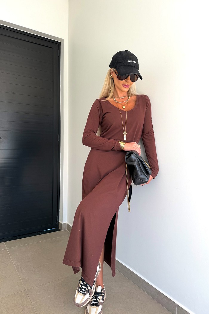Vestido Midi V Manga Longa Marrom