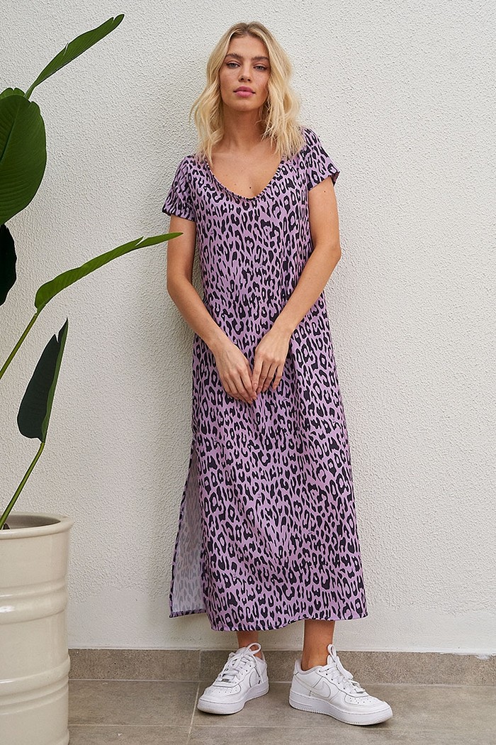 Vestido Midi Animal Print Lavanda