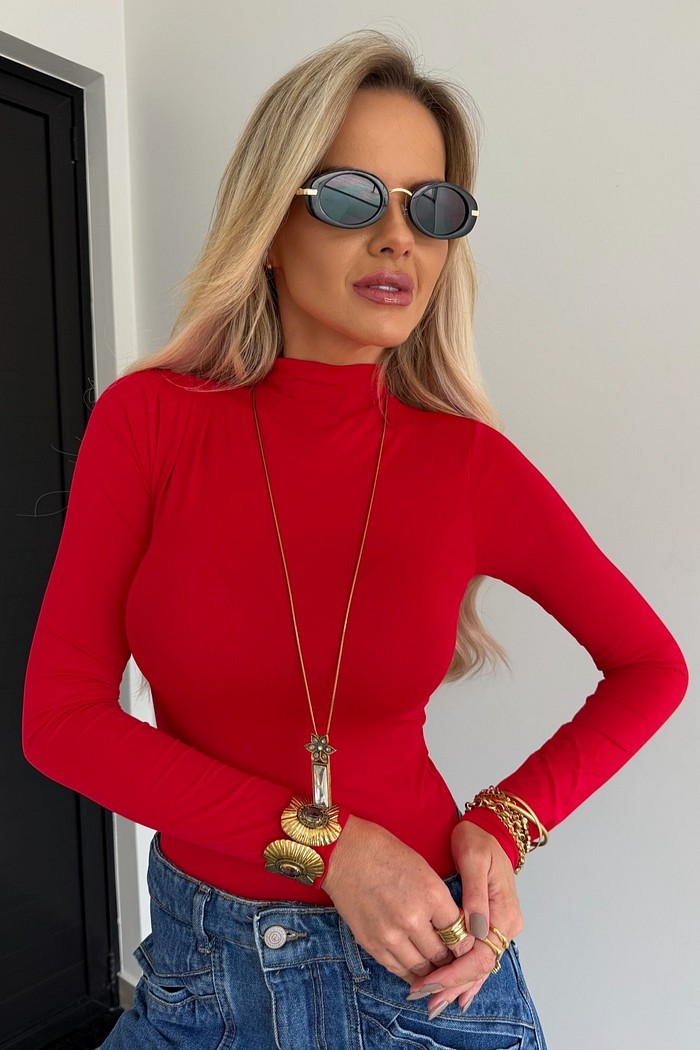 Blusa Manga Longa Drapeado No Ombro Vermelho